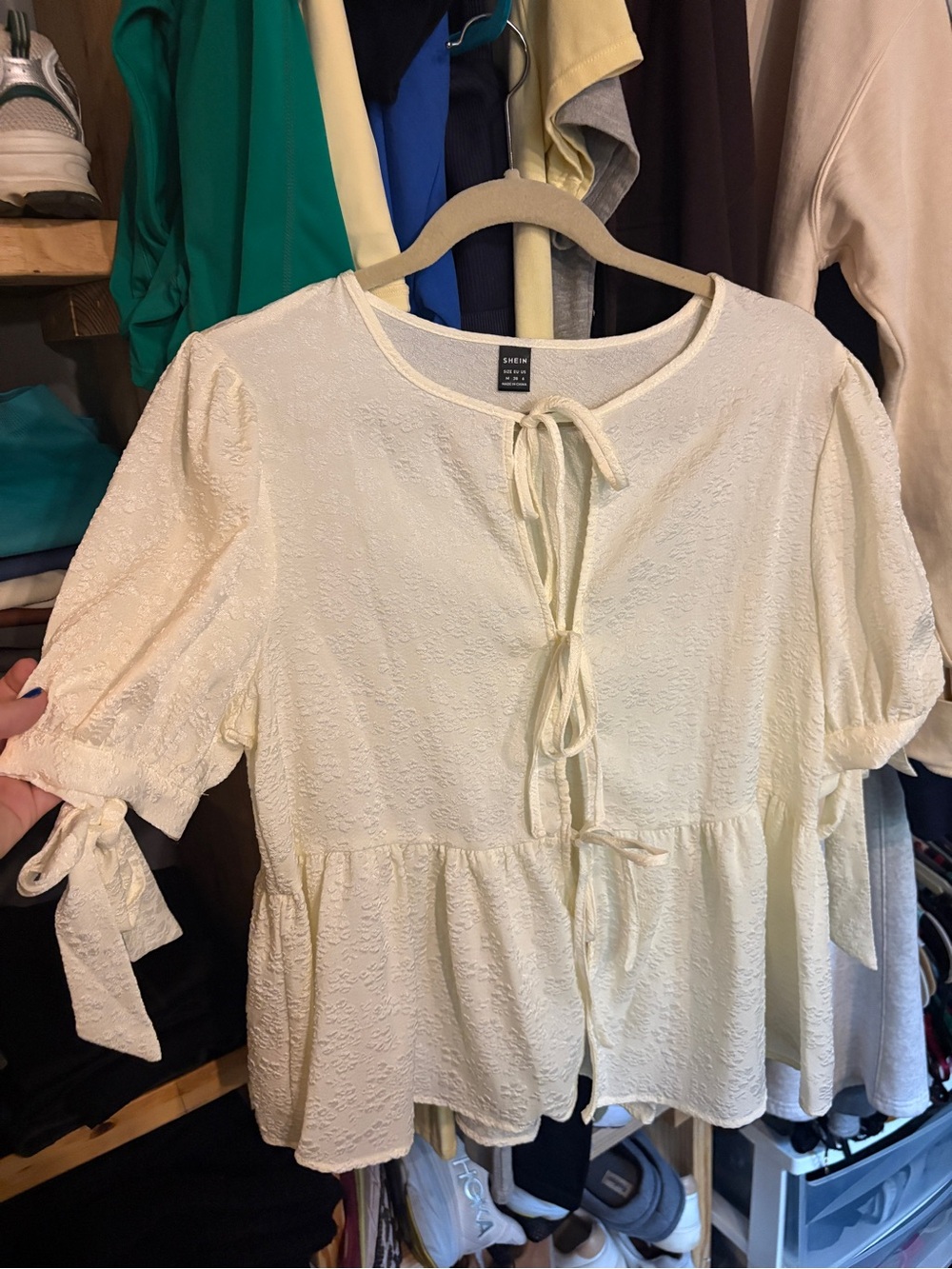 SHEIN Cream Tie-Front Peplum Blouse